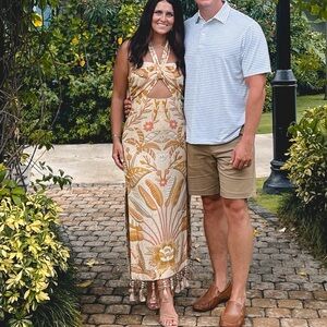 FARM Rio Yellow and Cream Midi Dress